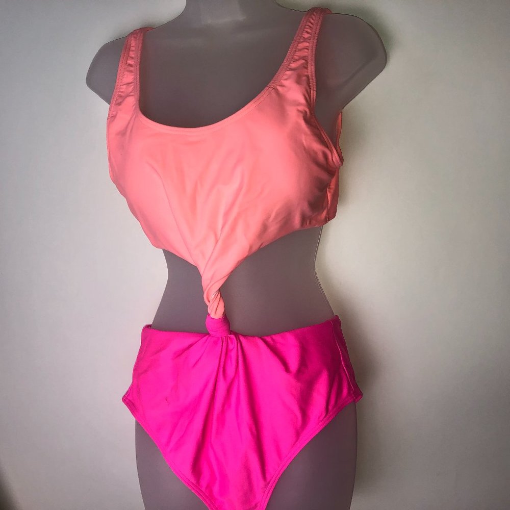 Pink Lily 1PC Swimsuit Pink & Orange with Knot Tie Large Size